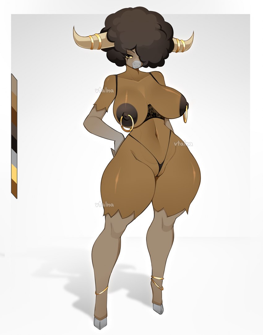 afro anthro areola biped brown_body female genitals hair hair_over_eye hand_on_hip looking_at_viewer nipple_piercing nipple_ring nipples one_eye_obstructed piercing pussy pussy_floss ring_piercing solo thick_thighs vtalna1 nintendo pokemon bouffalant generation_5_pokemon pokemon_(species) hi_res