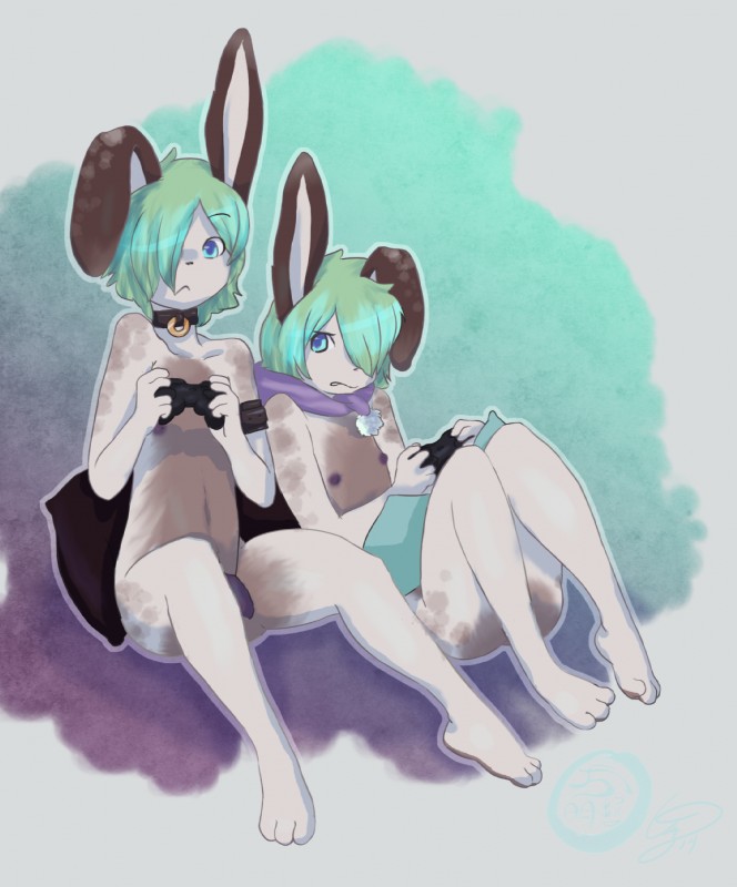 3_toes :< abstract_background ambiguous_gender anthro armband arms_bent bent_legs blue_eyes blue_hair casual_nudity choker closed_frown clothing controller duo feet femboy flaccid floppy_ears frown fur game_controller gaming genitals green_hair hair holding_controller holding_game_controller holding_object hood jewelry male markings mostly_nude mouth_closed multiplayer necklace nipples nude nudist paws penis pillow pillow_on_lap planted_legs playing_video_game playstation_controller purple_nipples purple_penis raised_hand reclining simple_background sitting social_nudity spots toes white_body white_fur wireless_controller cainethelongshot dualshock dualshock_3 playstation playstation_3 sony_corporation sony_interactive_entertainment camille_(cainethelongshot) cedric_(cainethelongshot) lagomorph leporid mammal rabbit 2014 hi_res restricted_palette brother_(lore) brothers_(lore) sibling_(lore) twins_(lore)