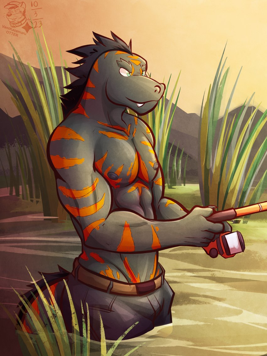 5_fingers abs anthro athletic athletic_male belt biceps black_bottomwear black_clothing black_hair black_shorts bottomwear calm claws clothed clothing dusk fingers fishing fishing_rod front_view grass green_eyes hair holding_fishing_rod holding_object lake male mountain muscular muscular_male nipples outside partially_submerged pecs plant scales shadow shorts side_view sky smile solo standing tail topless triceps water ventkazemaru echo_(game) echo_(series) echo_project flynn_moore gila_monster helodermatid lizard reptile scalie 2023 artist_name digital_media_(artwork) hi_res watermark