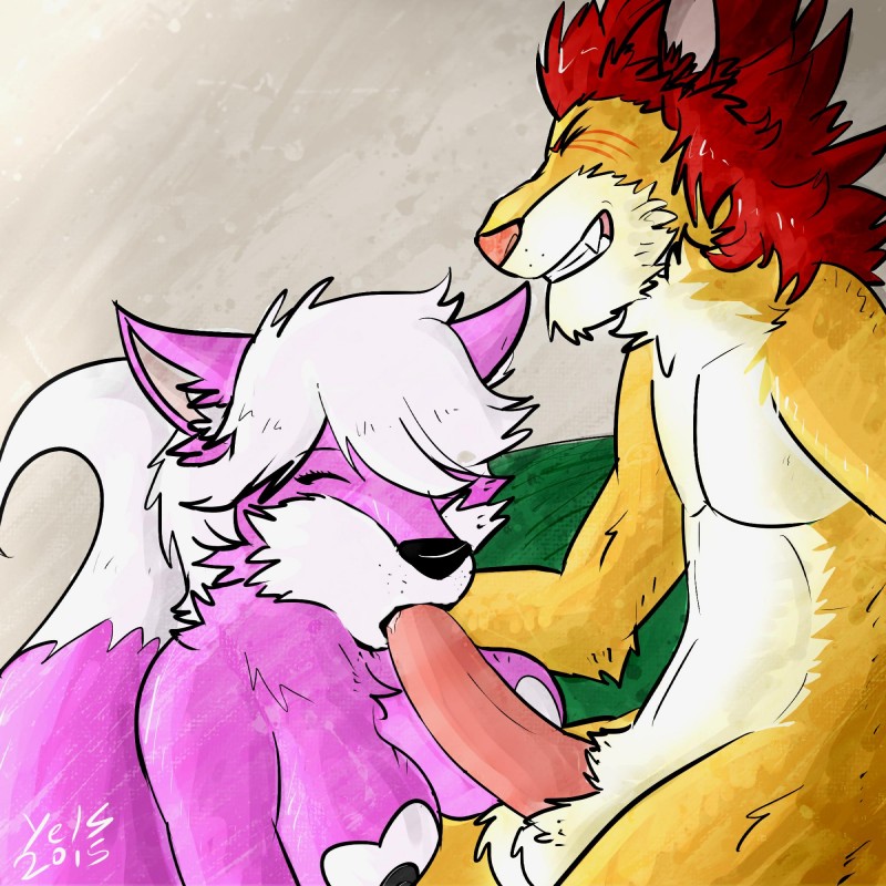 abstract_background anthro anthro_on_anthro balls black_nipples breasts duo erection fellatio female fur genitals grin hair heart_symbol male male/female nipples nude oral penile penis pink_body pink_fur red_hair sex smile white_hair yellow_body yellow_fur yelsarts_(artist) raikou_ryo yuni_hermit canid canine canis mammal wolf 1:1 hi_res