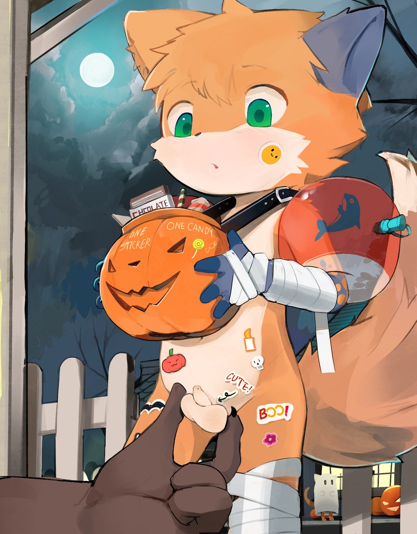 anthro balls biped countershade_face countershade_fur countershade_torso countershading duo fingers flaccid foreskin fur genitals green_eyes holidays humanoid_genitalia humanoid_penis jack-o'-lantern kemono male moon orange_body orange_fur penis sex shota tail text young young_anthro yupa halloween jaberwocky canid canine fox mammal english_text hi_res