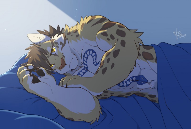 abs amber_eyes anthro bed bed_sheet bedding biceps blanket chest_tuft countershading fur furniture hair lying male muscular muscular_anthro muscular_male nude on_bed on_side pecs pillow pink_nose simple_background solo spots tattoo tuft yellow_eyes takemoto_arashi nekojishi studio_klondike likulau clouded_leopard felid mammal pantherine 2017 hi_res