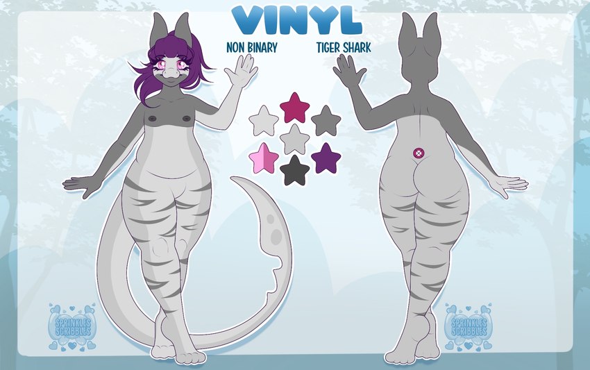 ambiguous_gender anthro bangs butt feet femboy grey_body hair looking_at_viewer magenta_hair male nipples nude pink_eyes ponytail purple_hair simple_background smile solo stripes text sprinkles_scribbles vinyl_bakon fish marine requiem_shark shark tiger_shark digital_media_(artwork) hi_res watermark