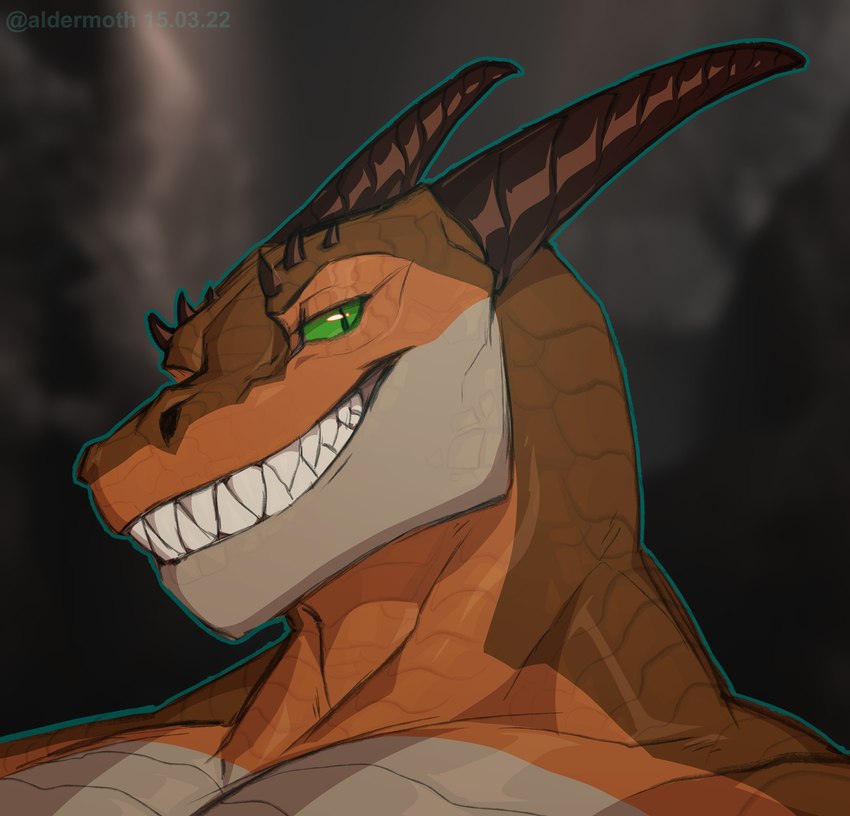 green_eyes horn implied_nudity looking_at_viewer male muscular orange_body outline simple_background solo teeth aldermoth mythology petzoqui dragon mythological_creature mythological_scalie scalie bust_portrait hi_res portrait