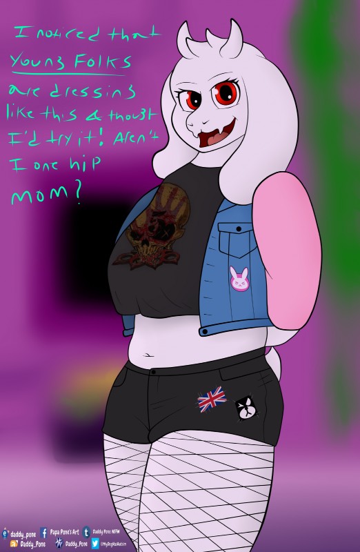 anthro bottomwear clothed clothing crop_top deep_navel female fishnet_clothing horn jacket mature_anthro mature_female music navel shirt shorts smile solo text topwear daddy_pone blizzard_entertainment overwatch undertale undertale_(series) d.va_(overwatch) toriel boss_monster_(undertale) bovid caprine mammal absurd_res english_text hi_res