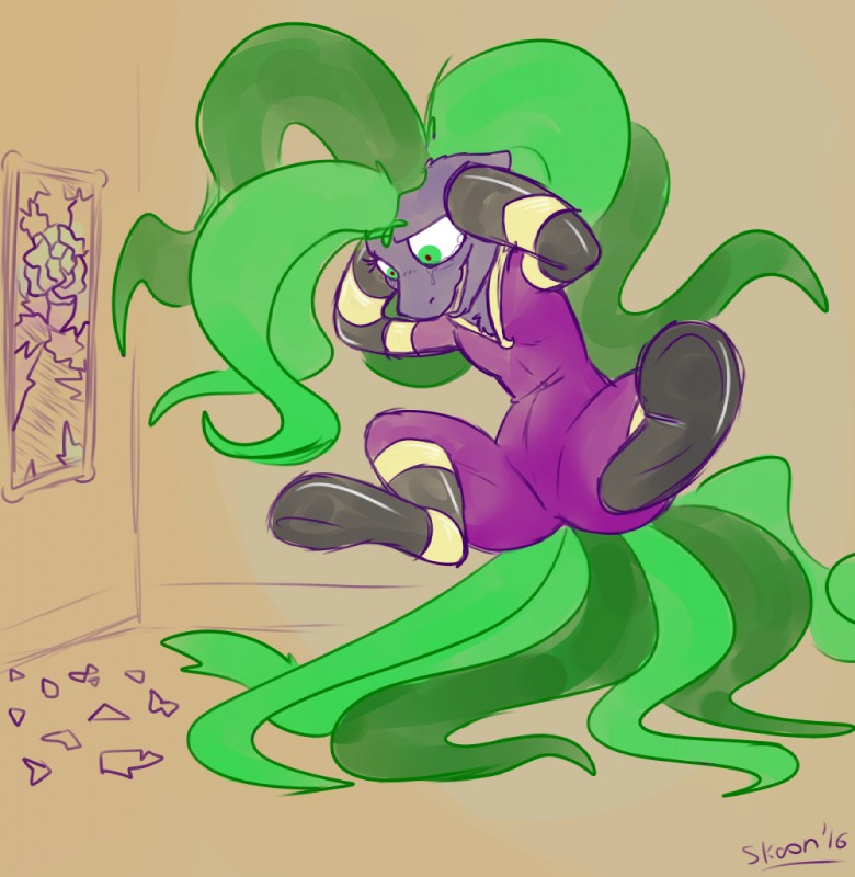 bodily_fluids clothing female feral fur green_eyes hair long_hair mirror simple_background skinsuit solo tears tight_clothing upset conditional_dnp skoon friendship_is_magic hasbro my_little_pony mane-iac_(mlp) equid equine horse mammal pony 2016