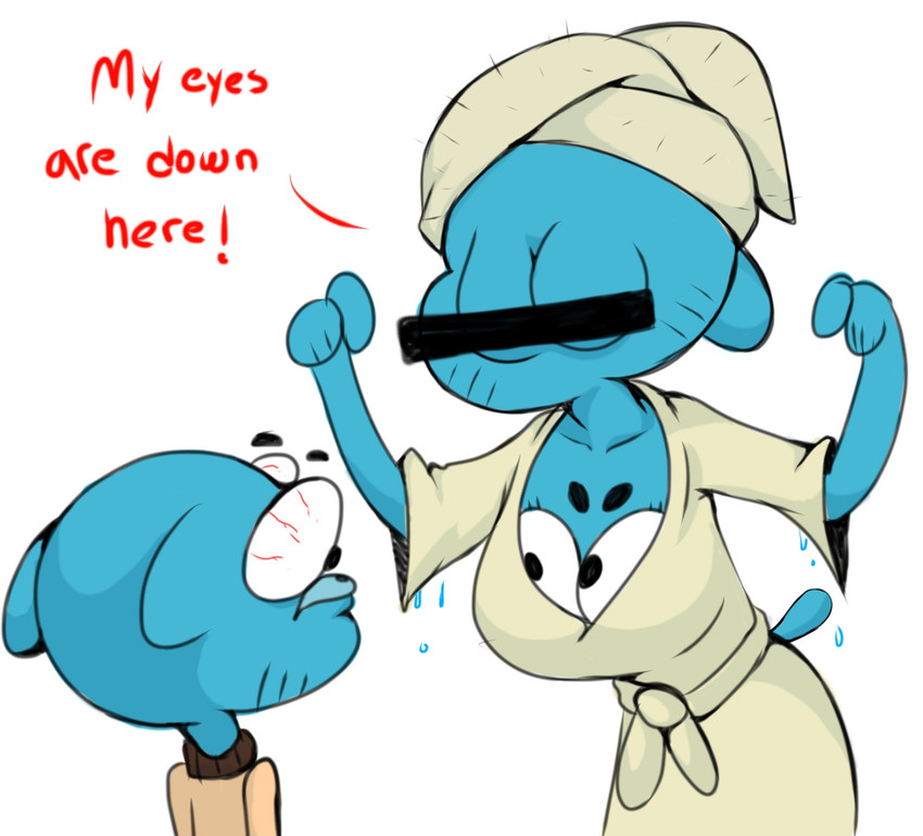 anthro bathrobe bloodshot_eyes blue_body blue_fur body_horror censor_bar censored_nipples clothed clothing cursed_image dialogue dripping duo eyeball_breasts eyes_popping_out female fur humor ineffective_censorship joke male mature_anthro mature_female my_eyes_are_up_here robe simple_background text towel towel_on_head towel_wrap what white_background young jegc cartoon_network the_amazing_world_of_gumball gumball_watterson nicole_watterson domestic_cat felid feline felis mammal 2017 censored english_text hi_res mother_(lore) mother_and_child_(lore) mother_and_son_(lore) parent_(lore) parent_and_child_(lore) parent_and_son_(lore) son_(lore)