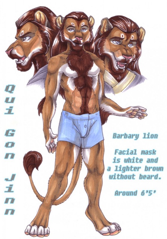 alternate_species anthro biped blue_eyes clothing male open_mouth pose simple_background solo standing tail tail_tuft text tuft underwear white_background cockiestspaniel star_wars qui-gon_jinn felid lion mammal pantherine 2010 english_text hi_res model_sheet