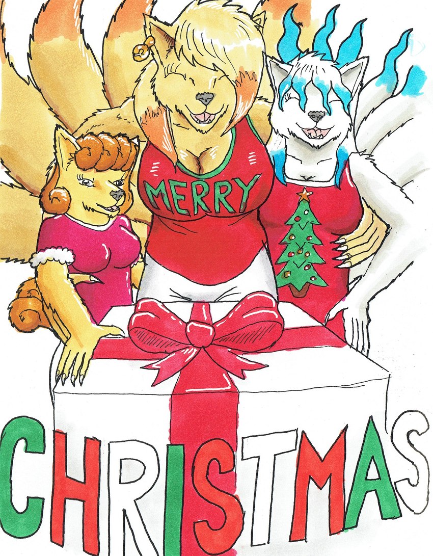 5_fingers anthro biped breasts claws cleavage clothed clothing eyes_closed female finger_claws fingers fullcolor fur gift group holidays looking_at_viewer tan_body tan_fur trio white_body white_fur nyghtmar3 christmas nintendo pokemon ingrid_(nyghtmar3) serenity_(nyghtmar3) simone_(nyghtmar3) alolan_form alolan_ninetales canid canine fox generation_1_pokemon generation_7_pokemon mammal ninetales pokemon_(species) regional_form_(pokemon) shiny_pokemon true_fox vulpix hi_res traditional_media_(artwork)