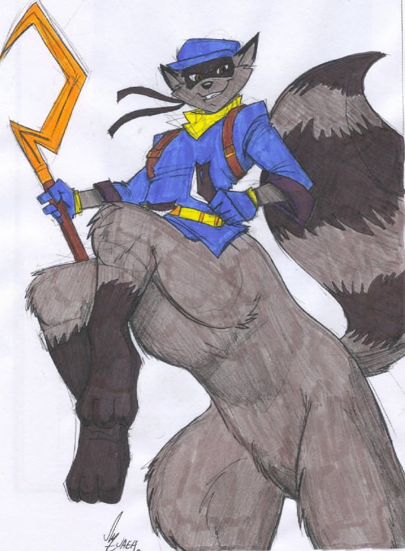 belt black_body black_fur bottomless cheek_tuft clothed clothing facial_tuft featureless_crotch fluffy fluffy_tail fur gloves gloves_(marking) grey_body grey_fur handwear hook leg_markings looking_at_viewer male markings multicolored_body multicolored_fur olive_eyes on_hind_legs partially_clothed ring_(marking) ringed_tail simple_background smile socks_(marking) striped_markings striped_tail stripes suggestive tail tail_markings taurification taurified tuft two_tone_body two_tone_fur wand white_background dragonheart07 jaeh sly_cooper_(series) sony_corporation sony_interactive_entertainment sucker_punch_productions sly_cooper mammal mammal_taur procyonid procyonid_taur raccoon raccoon_taur taur 2012 hi_res signature traditional_media_(artwork)