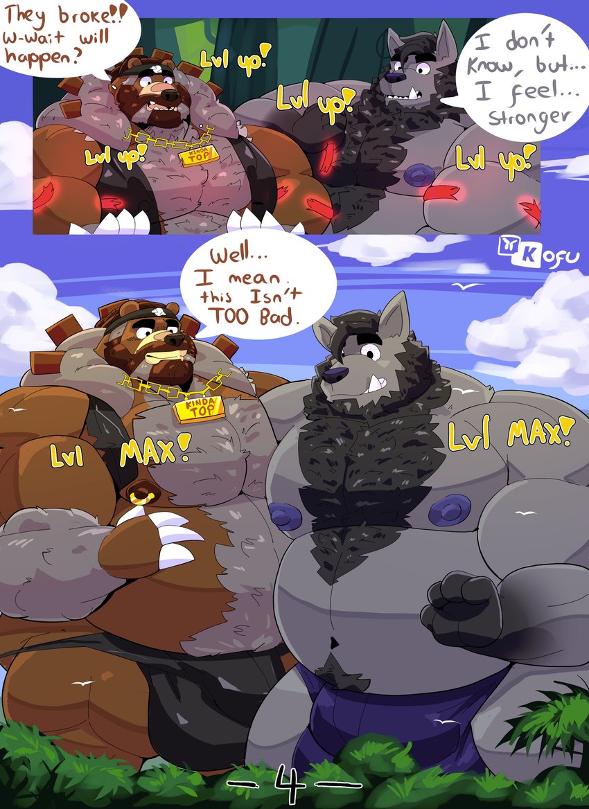 anthro belly big_bulge black_hair brown_body brown_fur brown_hair bulge claws detailed_background detailed_bulge dialogue duo fangs fur gameplay_mechanics grey_body grey_fur grey_hair hair huge_bulge jewelry level_up male male/male muscular necklace nipples overweight pubes purple_nipples teeth text kofu_grizzly_chubby nintendo pokemon bear canid canine canis generation_8_pokemon mammal pokemon_(species) ursaluna wolf absurd_res comic english_text hi_res