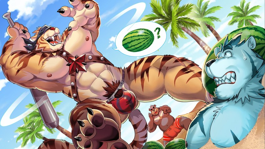 4_fingers abs anthro beach biceps big_muscles black_nose bulge detailed_bulge erection fingers fur group hair male muscular muscular_anthro muscular_male nipples outside pecs pubes seaside smile white_body white_fur kumahachi kumahachi0925 gyee bernard_(gyee) hachi_(gyee) moon_(gyee) bear black_bear mammal ursine 16:9 hi_res official_art widescreen