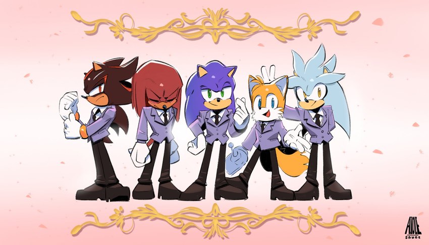 anthro bottomwear clothed clothing cosplay crossover_cosplay footwear fully_clothed gloves group handwear jacket male necktie on_model pants school_uniform shirt shoes smile suit tail thigh_gap thin_calves thin_legs thin_thighs topwear uniform aiole ouran_high_school_host_club sega sonic_the_hedgehog_(series) knuckles_the_echidna miles_prower shadow_the_hedgehog silver_the_hedgehog sonic_the_hedgehog canid canine echidna eulipotyphlan fox hedgehog mammal monotreme crossover hi_res