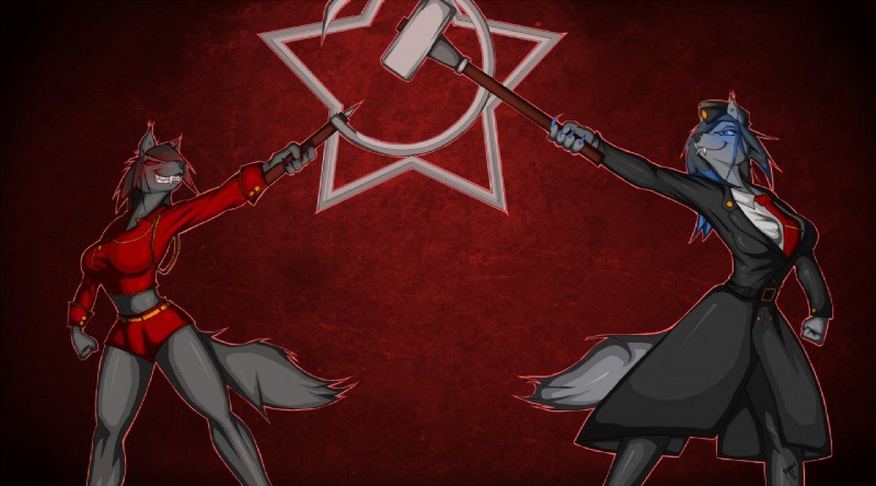 anthro blue_eyes communism duo female fur grey_body grey_fur hammer_and_sickle politics red_background red_eyes russian simple_background soviet_union star tail krinkels nakita reiane canid canine canis mammal wolf