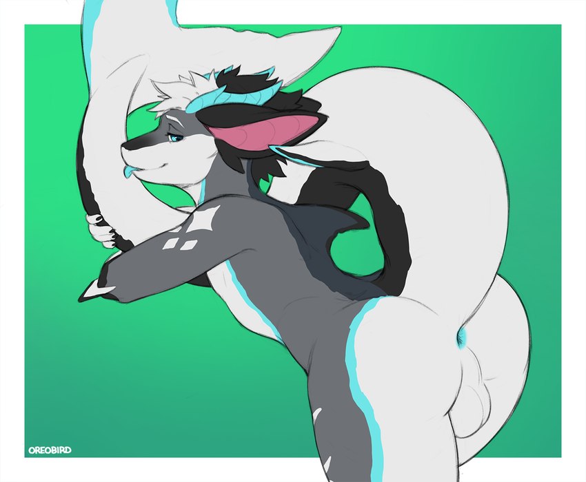 anthro anus backsack balls blep blue_anus blue_eyes blue_markings genitals horn looking_at_viewer looking_back male markings raised_tail solo tail tongue tongue_out oreobird nemnem fish marine shark