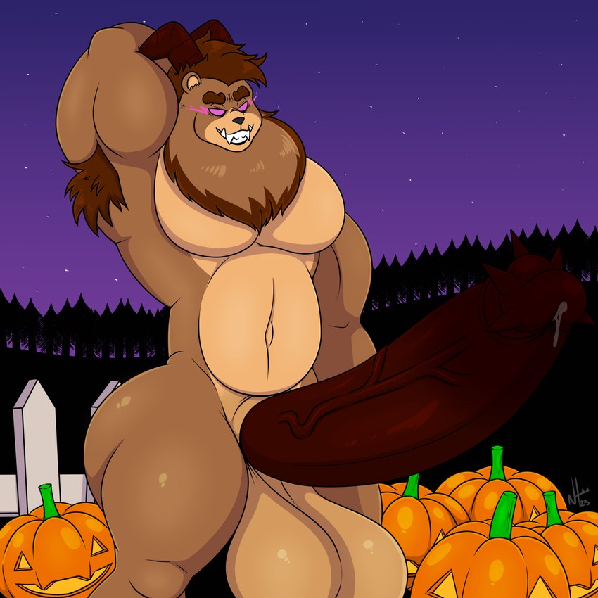 anthro armpit_hair balls big_balls big_penis bodily_fluids body_hair brown_body brown_fur brown_hair butt forest fur genital_fluids genitals hair holidays horn huge_balls huge_penis hyper hyper_genitalia hyper_penis jack-o'-lantern male night pecs penis plant precum solo spiked_penis spikes spikes_(anatomy) tree vein veiny_penis nt6969 halloween nathan_(nt6969) bear demon hybrid mammal werecreature wereursid 1:1 hi_res