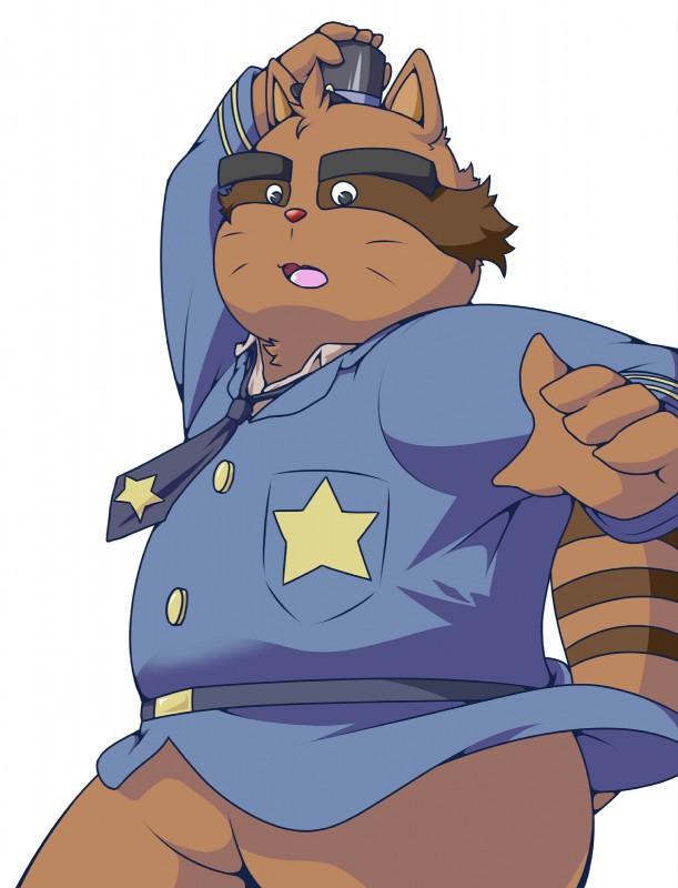 anthro barazoku clothed clothing male police simple_background slightly_chubby solo white_background pomupomu490 alice_detective_bureau inspector_arai mammal procyonid raccoon 2017 absurd_res hi_res