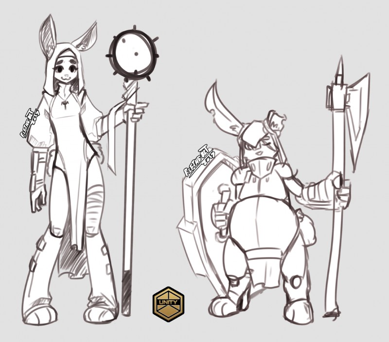 3_toes 5_fingers anthro armor axe clothed clothing duo eye_scar facial_scar feet fingers holding_axe holding_mace holding_melee_weapon holding_object holding_shield holding_weapon mace melee_weapon scar shield short_tail tail toes weapon rifthebit unitypressdigital lagomorph leporid mammal rabbit hi_res monochrome