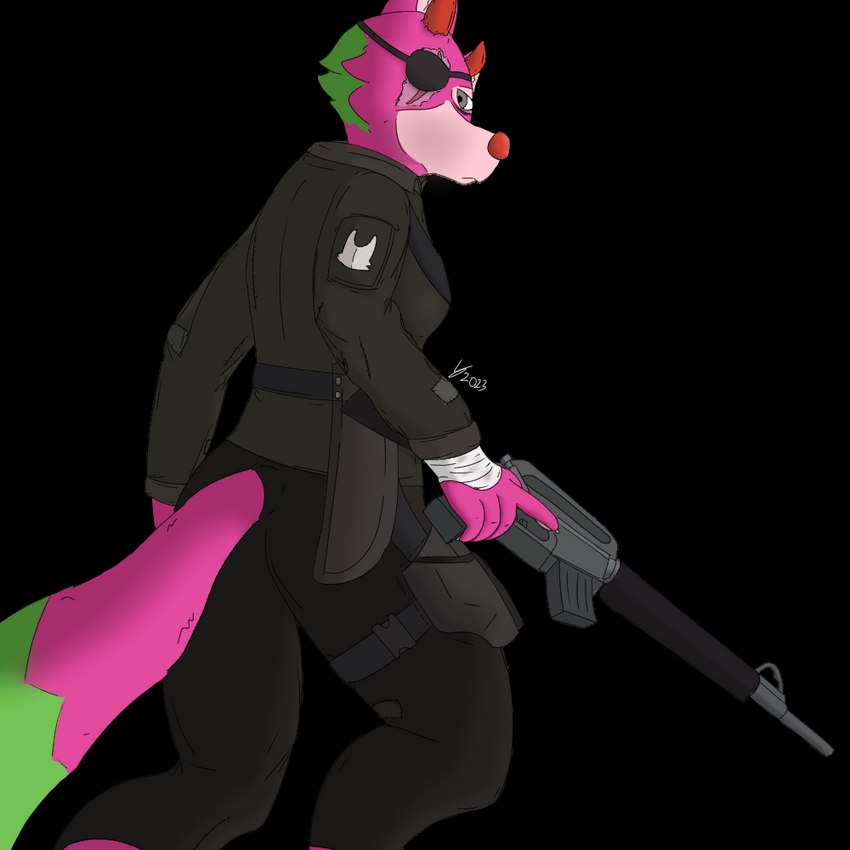 anthro assault_rifle bandage bandaged_hand clothing dark_clothing dirty_bandage eye_bags eye_contact eye_patch eye_scar eyewear facial_scar female frown fur green_body green_fur gun holding_object holding_weapon holster horn long_tail looking_at_another looking_at_viewer looking_back m16 machete_sheathe military military_clothing military_uniform one_eye_obstructed patched_clothing pink_body pink_fur pose ranged_weapon red_horn red_nose rifle scar simple_background solo tactical_gear tail transparent_background uniform weapon misshuntress1082 pixile_studios super_animal_royale sierra_(huntress1082) canid canine canis mammal super_dragonfruit_wolf wolf 1:1 alpha_channel digital_media_(artwork) shaded