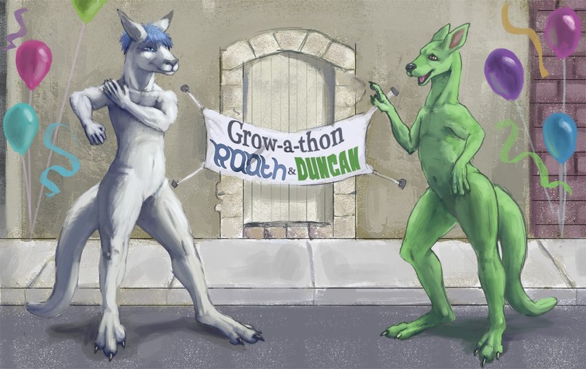 anthro balloon blue_eyes blue_hair claws duo fur green_body green_fur hair inflatable male navel nude open_mouth outside sign smile tail text toe_claws tongue white_body white_fur yellow_eyes spectrumshift duncan_roo rooth kangaroo macropod mammal marsupial 2015 english_text