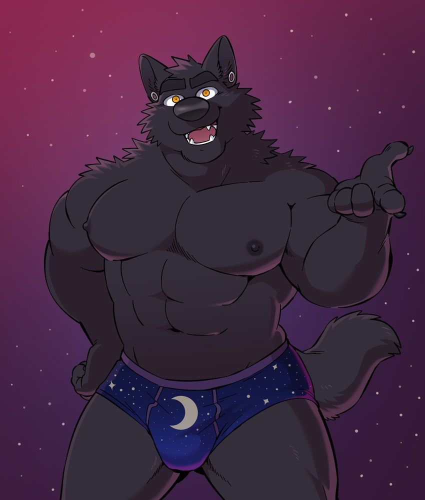 anthro black_body black_fur black_nose blue_briefs blue_clothing blue_underwear briefs briefs_only bulge clothed clothing detailed_background ear_piercing fur male moon muscular muscular_male night open_mouth orange_eyes outside pattern_briefs pattern_clothing pattern_underwear piercing purple_clothing purple_seam_briefs purple_sky purple_underwear sharp_teeth sky smile solo star teeth teeth_showing tongue_showing topless underwear underwear_only vasuki canid canine mammal absurd_res hi_res