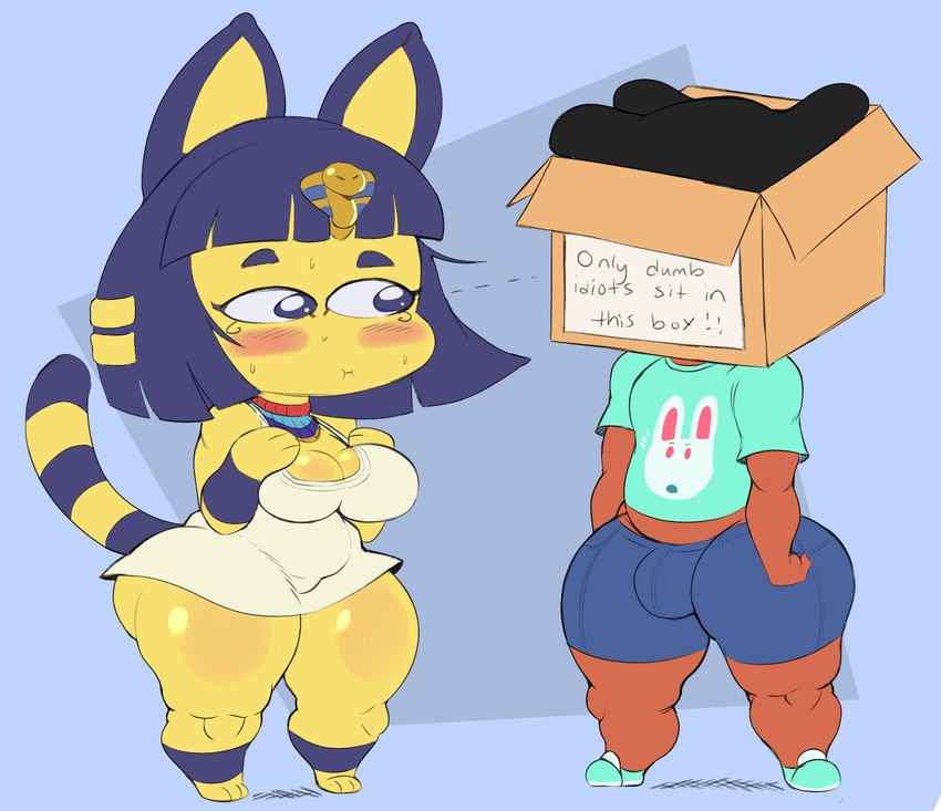 anthro box breasts bulge butt cleavage clothed clothing container duo female male short_stack slightly_chubby slightly_chubby_female thick_thighs wide_hips yellow_body purple_yoshi_draws animal_crossing nintendo ankha_(animal_crossing) cushion_(purpsyoshi) domestic_cat felid feline felis human mammal hi_res