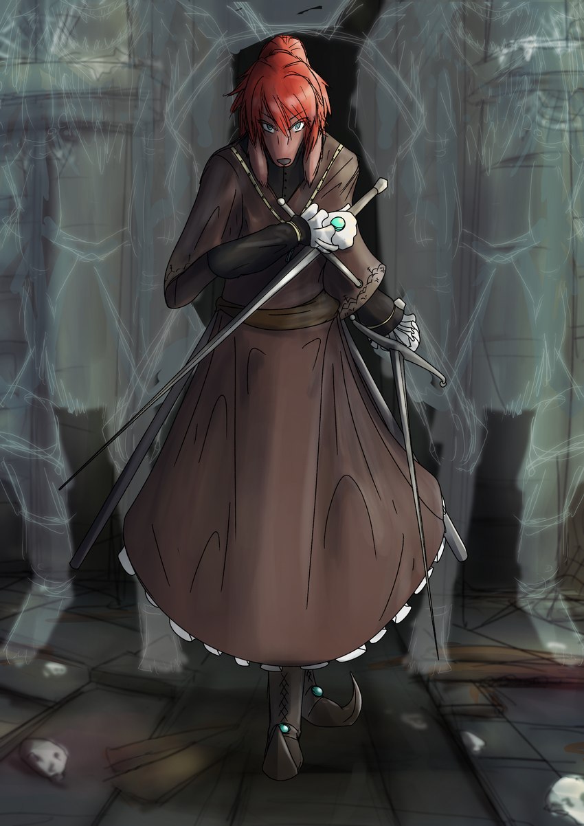 anthro blue_eyes clothed clothing female hair magic_user melee_weapon red_hair solo sword underground weapon mttbsmn elden_ring fromsoftware sorcerer_llts_(mttbsmn) canid canine canis domestic_dog mammal absurd_res hi_res