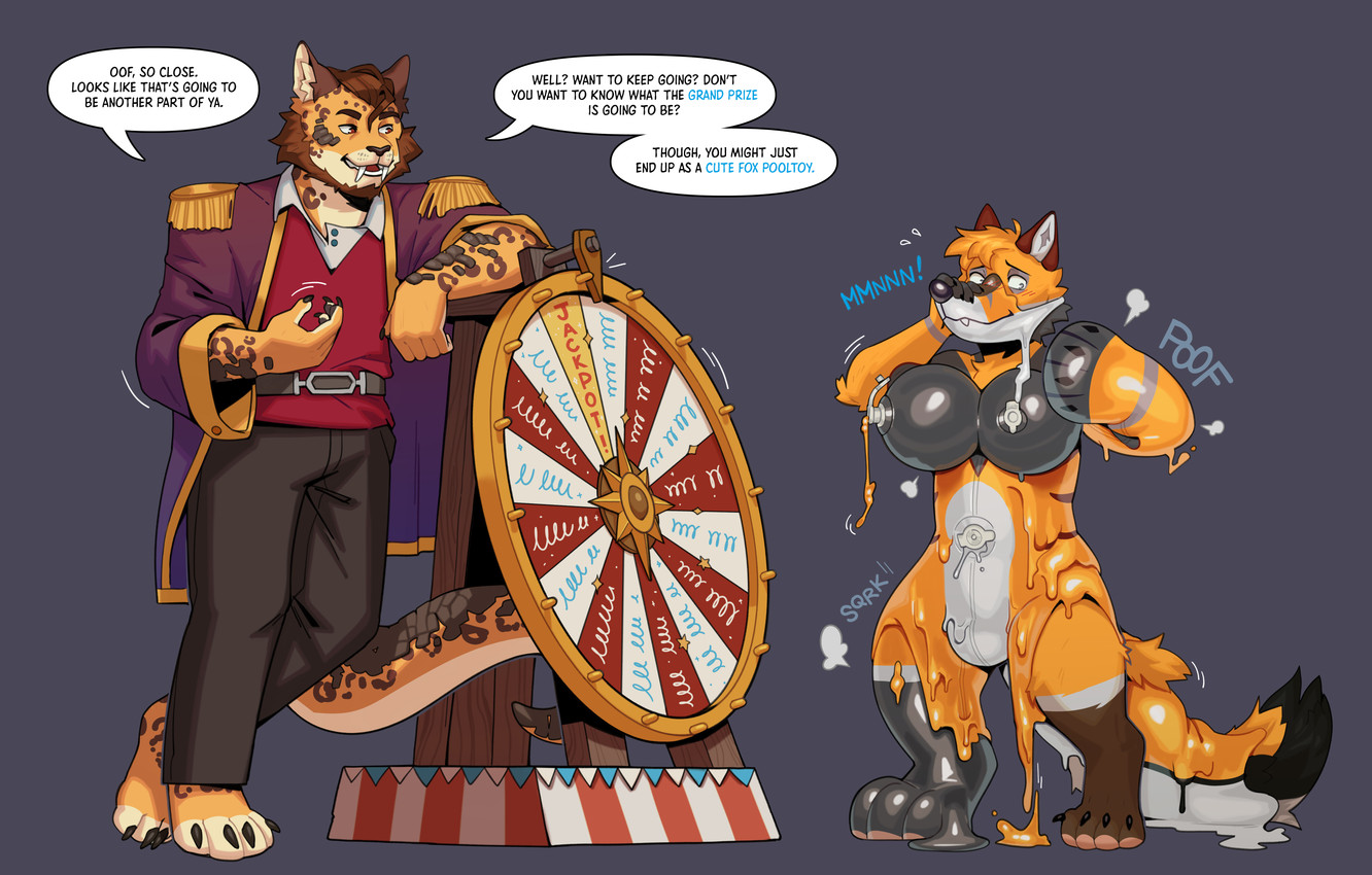 anthro black_body black_fur blush breasts clothed clothing dialogue duo female fur gender_transformation inflatable_transformation loss_of_speech male mid_transformation nude null orange_body orange_fur pool_toy text transformation heartbeats canid canine fox mammal absurd_res english_text hi_res