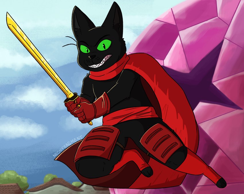 angry anthro black_body black_fur cape clothing digitigrade fur green_eyes katana male melee_weapon red_clothing solo sword weapon neonfragment cartoon_network mao_mao:_heroes_of_pure_heart sheriff_mao_mao_mao domestic_cat felid feline felis mammal hi_res