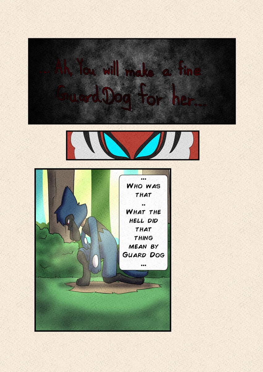 3_panel_comic ambiguous_gender anthro black_text blue_body blue_eyes blue_tail day dialogue ellipsis getting_up grass light outside paws plant red_eyes red_text shrub solo sunlight tail text thinking tree white_sclera novaarts nintendo pokemon pokemon_mystery_dungeon spike_chunsoft generation_4_pokemon generation_6_pokemon legendary_pokemon pokemon_(species) riolu yveltal 2024 comic digital_media_(artwork) english_text hi_res