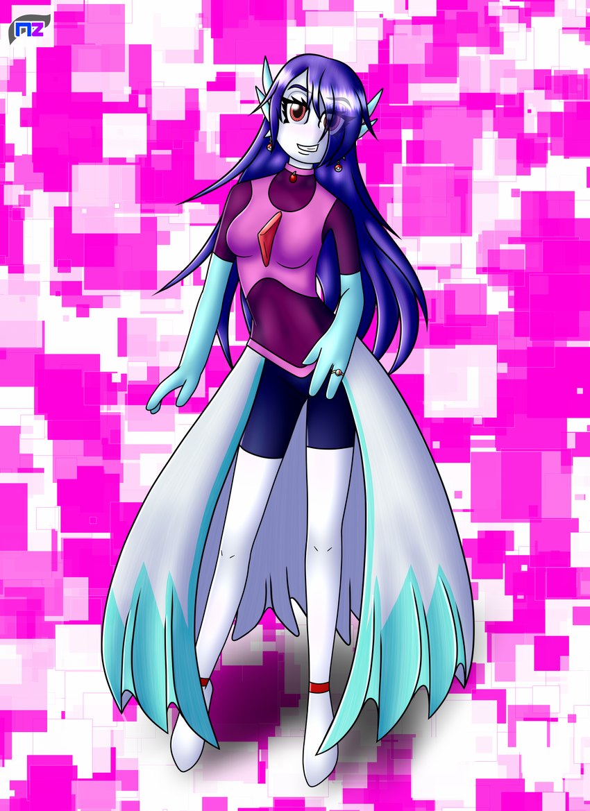 anklet blue_hair bottomwear breasts clothed clothing ear_piercing ear_ring feet female hair jewelry long_hair looking_at_viewer medium_breasts not_furry piercing red_eyes ring_(jewelry) ring_piercing shirt shorts simple_background smile solo teeth topwear white_body newzorra nintendo pokemon lyn_jacquette gardevoir generation_3_pokemon humanoid pokemon_(species) digital_media_(artwork) hi_res