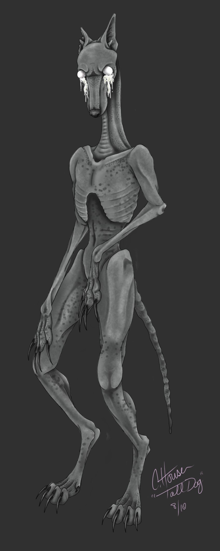 ambiguous_gender anthro black_nose bodily_fluids body_horror bony claws digitigrade dog_ears dog_paws grey_body grey_skin hairless long_claws looking_at_viewer no_pupils paws pointy_ears pus rib_cage semi-anthro simple_background skinny slim solo standing tail tears text thin_body thin_tail underweight unusual_bodily_fluids unusual_tears ebony-night elias_witherow the_tall_dog animal_humanoid canid canine canis domestic_dog hairless_dog humanoid mammal monster monster_dog 2016 absurd_res digital_media_(artwork) english_text hi_res signature