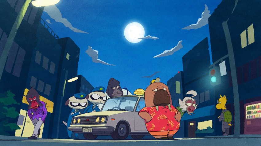 anthro backpack black_body bottomwear brown_body car city clothing detailed_background eyewear glasses group hat headgear headwear male moon night outside overweight overweight_male pants police police_uniform retro_car shirt shorts topwear uniform vehicle white_body yellow_body unknown_artist odd_taxi ayumu_gouriki_(odd_taxi) dobu_(odd_taxi) eiji_kakihana_(odd_taxi) hiroshi_odokawa_(odd_taxi) kenshiro_daimon_(odd_taxi) koshiro_daimon_(odd_taxi) satoshi_nagashima_(odd_taxi) ape gelada gibbon giraffe giraffid gorilla haplorhine herpestid mammal marine meerkat pinniped primate walrus 16:9 concept_art hi_res official_art widescreen